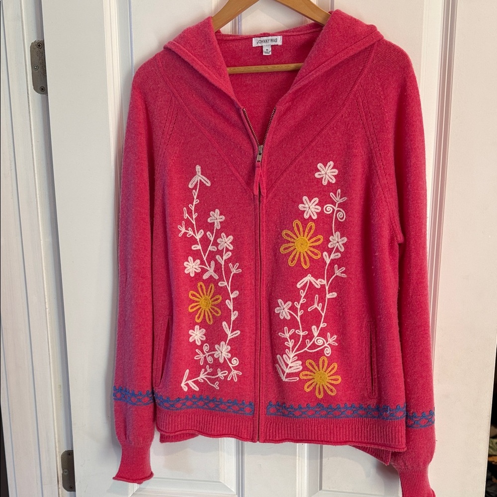 Johnny Was Pink Floral Embroidered Cardigan
